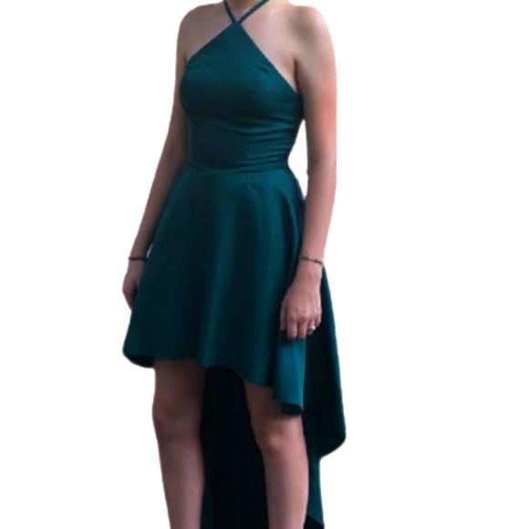 Emerald Green High Low Halter Style Semi Formal Evening Gown Prom Dress - Picture 1 of 14